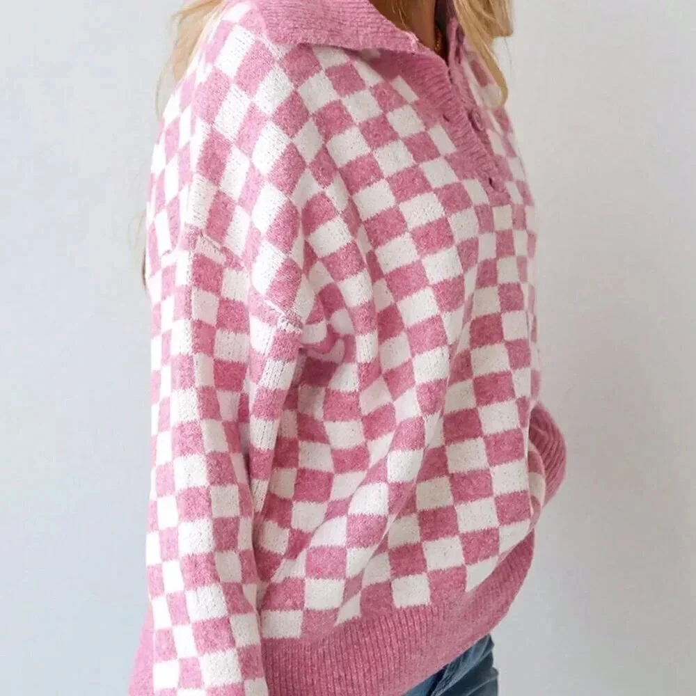 Pink Casual Women's Checkered Buttons Collar V Neck Drop Shoulder Sweater - Picture 2 of 5
